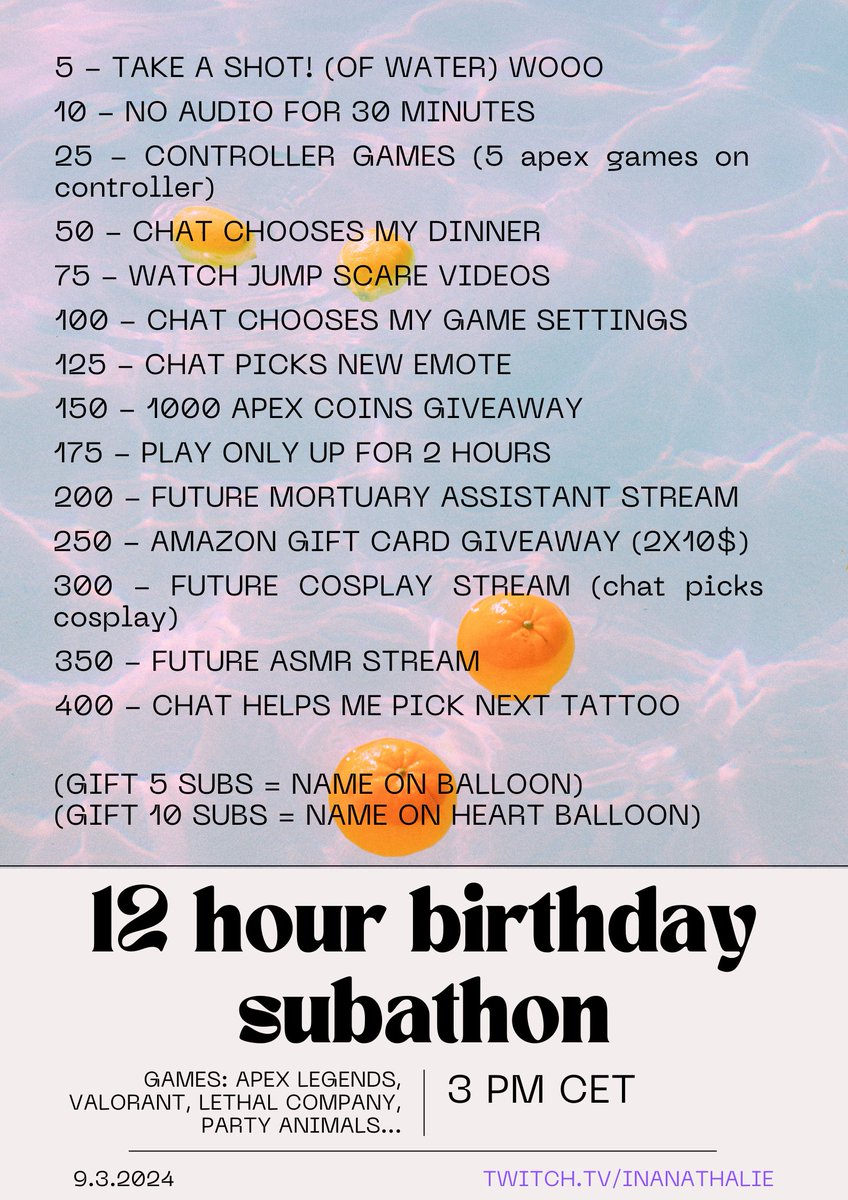 Doing a 12 hour BIRTHDAY SUBATHON tomorrow! Can't wait to see you guys there! 💜