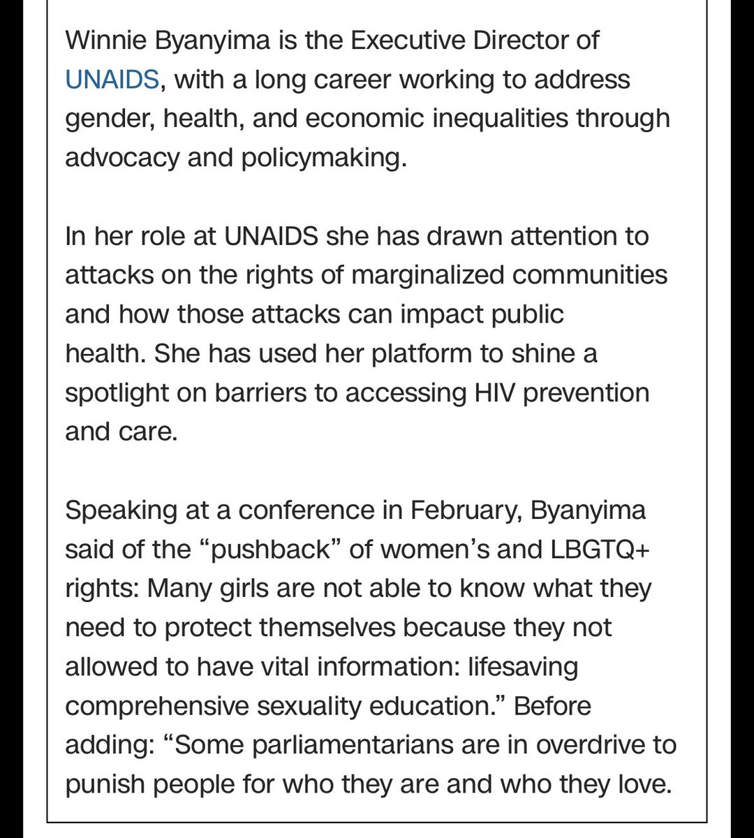 CNN profiles Winnie Byanyima.

“At UNAIDS she has drawn attention to attacks on the rights of marginalized communities and how hate is a barrier to healthcare access.” 

edition.cnn.com/interactive/as…