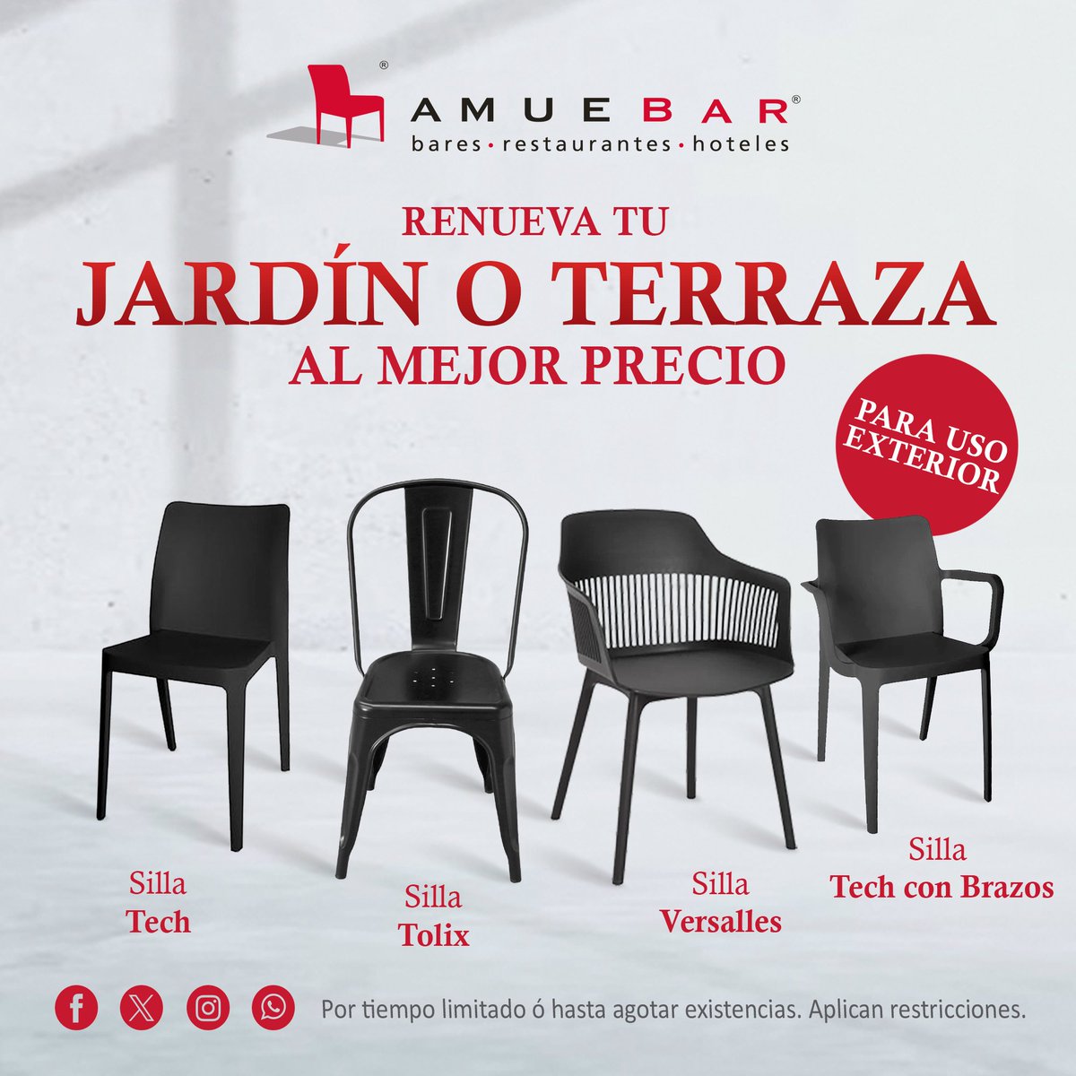 AMUEBAR's tweet photo. #mobiliario 😎☀️🪑 ¿Quieres remodelar tu #terraza  o #jardin? En @AMUEBAR contamos con una amplia variedad de mobiliario resistente a la intemperie, al mejor precio.
Visita nuestra página y conoce más
👉 https://t.co/RBSWkNdWyv
☎️ WhatsApp: 22 24 13 40 51
#muebles #restaurante https://t.co/jPxmDdQw1Y