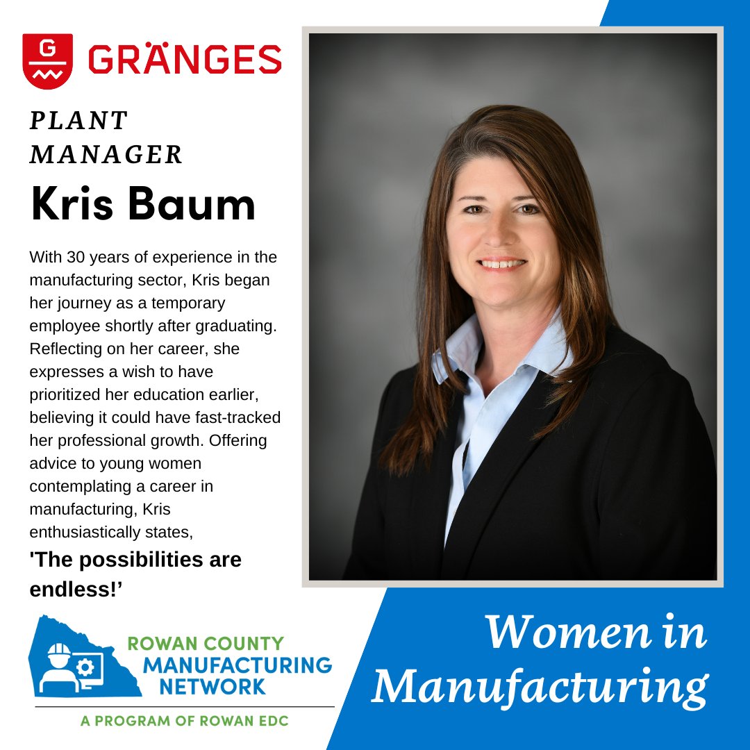 This March, we celebrate the women transforming manufacturing in Rowan County. First up: Kris Baum, Plant Manager at Gränges, Salisbury. Explore her story at hubs.ly/Q02nNL-K0. More amazing stories to come! #InternationalWomensDay #WomensDay2024 #IWD2024