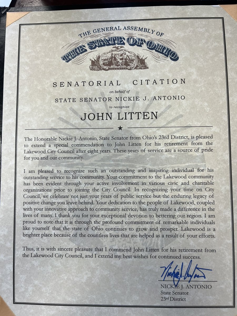 Thank you to my State Senator <a href="/nickieantonio/">Nickie J. Antonio</a> for this most kind citation! It was an honor to be your council representative for eight years and I appreciate all of your service, particularly for the marginalized, both in Lakewood and throughout our state.
