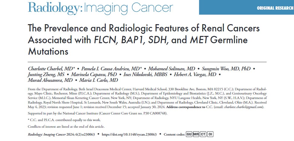 Curious about hereditary renal ca? 

Check out this new paper led by Charlotte Charbel &amp; <a href="/PCausaAndrieuMD/">Pamela Causa Andrieu, MD</a> summarizing prevalence and imaging features of renal ca a/w FLCN, BAP1, SDH &amp; MET germline mutations!

VHL,TSC mutations not covered here as they've been extensively studied