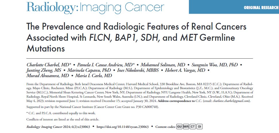 Curious about hereditary renal ca? Check out this new paper led by Charlotte Charbel & @PCausaAndrieuMD summarizing prevalence and imaging features of renal ca a/w FLCN, BAP1, SDH & MET germline mutations! VHL,TSC mutations not covered here as they've been extensively studied