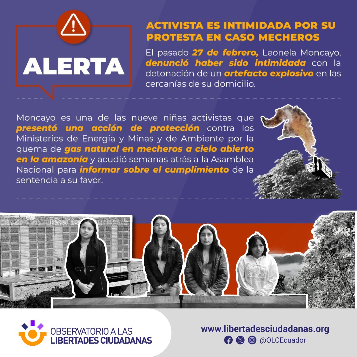 OLCEcuador's tweet photo. ALERTA | Exigimos a las autoridades investigar a quienes amenazan a las representantes del colectivo “Eliminen los mecheros” por ejercer su derecho a la protesta pacífica.

Más aquí: https://t.co/Mos1Md5g5M https://t.co/oiNBSvLK5w