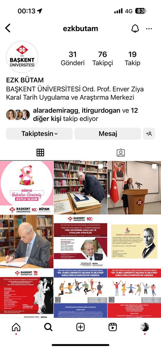 Değerli takipçilerim İnstagram hesabınız varsa Başkent Üniversitesi Ord. Prof. Enver Ziya Karal Tarih Araştırma ve Uygulama Merkezini takip etmenizi tavsiye ediyorum.