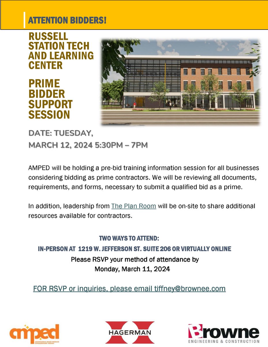 📣ATTENTION CONTRACTORS!!! 📣Join us for a Prime Bidder Support Session on Tuesday, March 12th. We'll equip you with all the tools and insights needed to secure prime contracts for our Russell Station Project. RSVP today. Let's Build!!