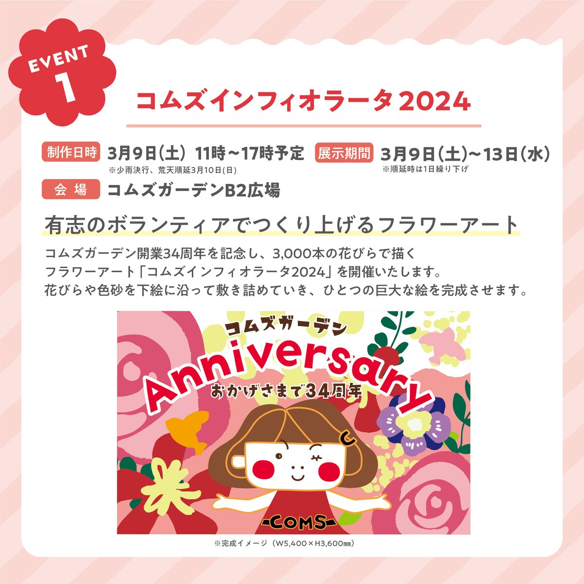 coms0320's tweet photo. コムズガーデンは、おかげさまで34周年を迎えることができました♪
3月9日（土）～3月20日（水・祝）で『COMS GARDEN 34th anniversary』と題してイベントを開催いたします！！
また #フォローRT  キャンペーンも実施しております。
詳しくはリプライをご確認ください。 https://t.co/JSenix4BYY