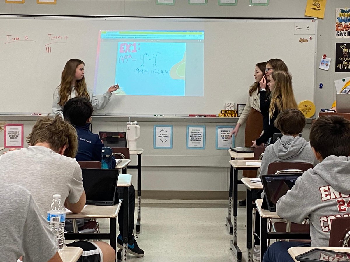 BeaverAreaSD's tweet photo. Ss got to be the teachers in Mr. Maker's Algebra classes this week!  They are learning about laws of exponents&amp; the assignment involved each group learning one exponent law, planning a lesson to teach, creating problems, &amp; creating 3 homework problems.  @SWPAPLN #deeperlearning https://t.co/rHm5AaljFC