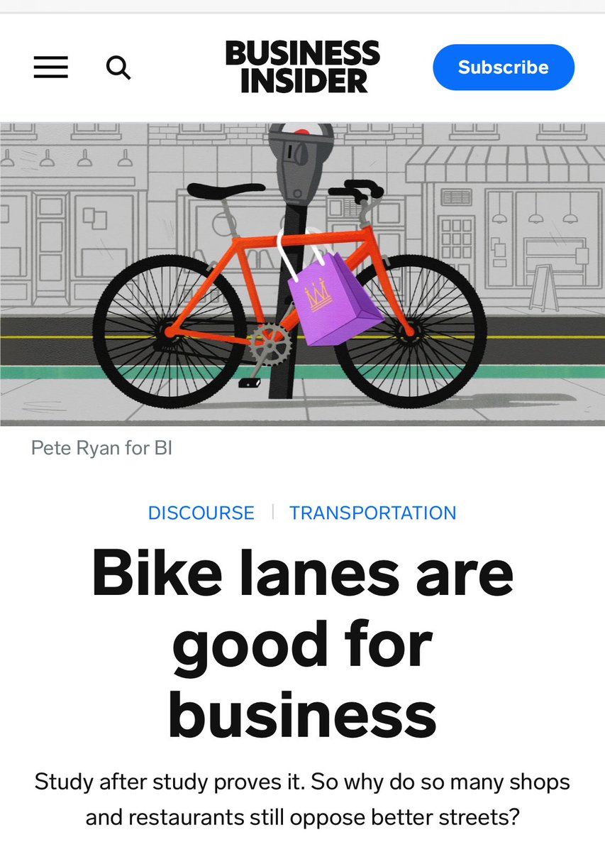 “I’ve read every study & report I could find that looked at the economics of bike-lanes since 1984 — 32 research articles. The results show that making streets friendlier for bikes — & sidewalks friendlier for pedestrians — is actually good for business.” businessinsider.com/bike-lanes-goo…