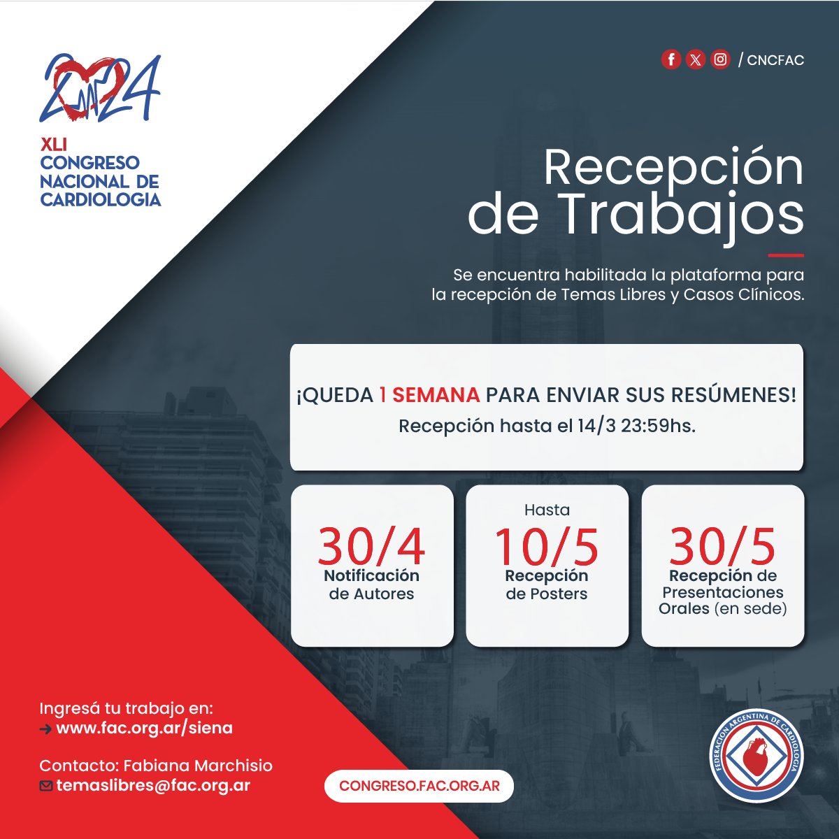 📝RECEPCIÓN DE TRABAJOS
¡Queda 1 semana para enviar sus resúmenes!

🗓️Hasta el 14 de Marzo

No te quedes afuera!

📌 Más info: congreso.fac.org.ar/trabajos.html

#congresofac #cnc24
