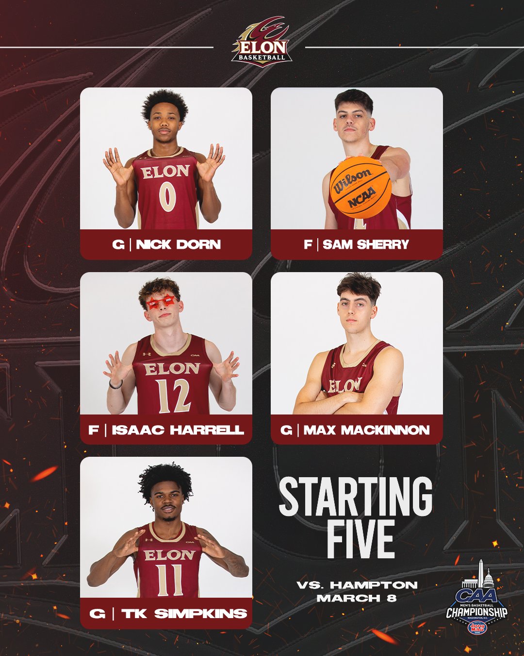 Elon Men s Basketball on X The first five for today s opening round game versus Hampton phoenixrising SALT CAAChamps CAAHoops https t PmJFfZNgc3 X