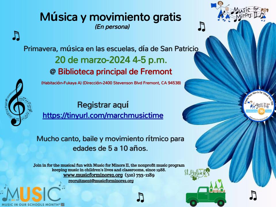 MFMII_ORG's tweet photo. 🌻 March into the melodies of spring with our Music &amp; Movement Time for kids on March 20th from 4-5 pm at Fremont Main Library (Room Fukaya A). Don't miss out on the fun!

Register here: https://t.co/OhokfPi41x https://t.co/toVuZg0bK5