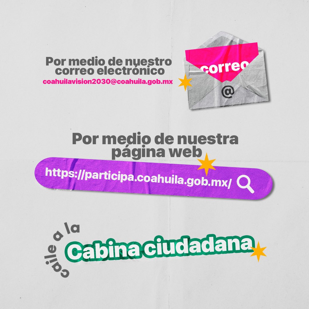 GobDeCoahuila's tweet photo. ¿Cómo y dónde puedo participar en los encuentros de participación ciudadana?

Escanea el QR que te llevará al chatbot

Escanea el QR en puntos de afluencia.

Manda un correo electrónico a coahuilavision2030@coahuilagob.mx

Visita la página web https://t.co/DNplaQ7n4o https://t.co/ER0cjxtm51