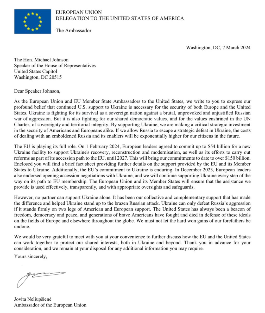 Support for #Ukraine is a strategic investment in our security. But Ukraine can only prevail if it stands firmly on two legs of American and European support. This week, together with EU MS Ambassadors, we sent a letter to @SpeakerJohnson about our commitment to continued aid.