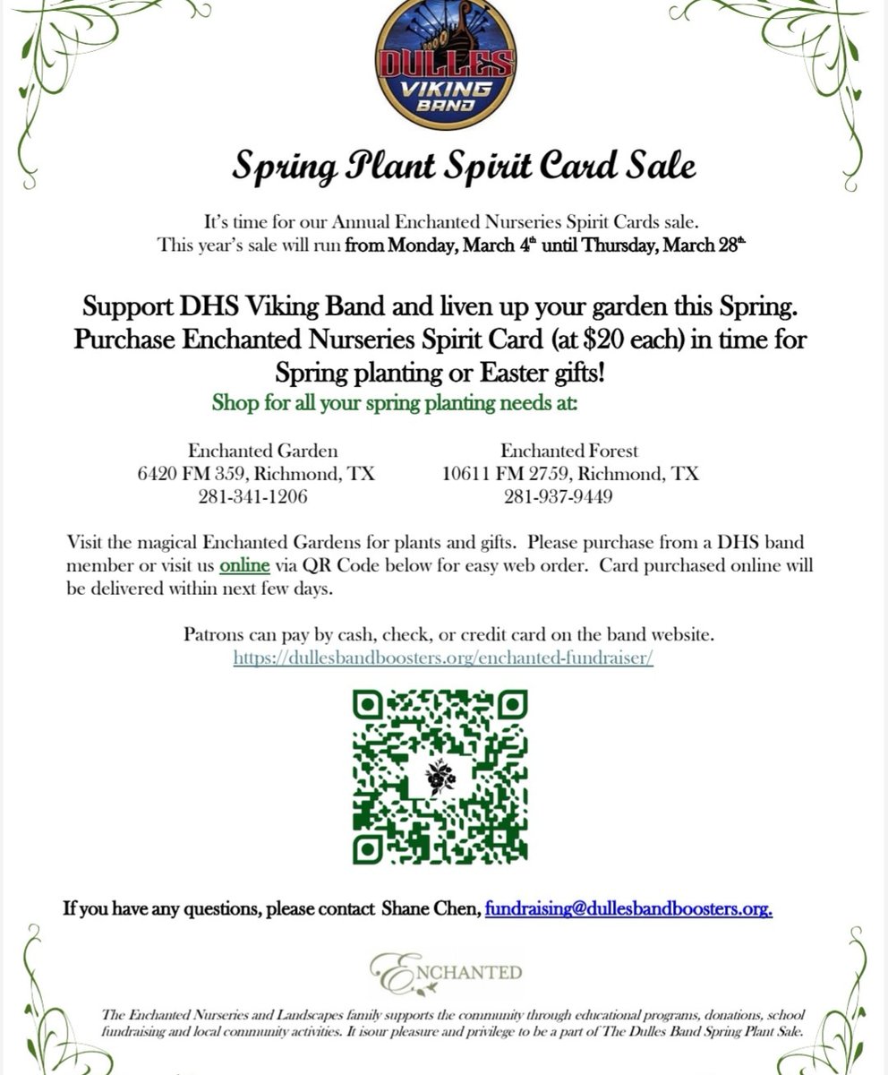 💐Transform your garden and contribute to the success of Dulles High School Band! Purchases are tax free when using this card! $20 each! 40% of all sales will contribute to the Dulles Band!! Scan the QR Code to purchase! 🥳 @DMSVIKINGBAND @FBISDFineArts