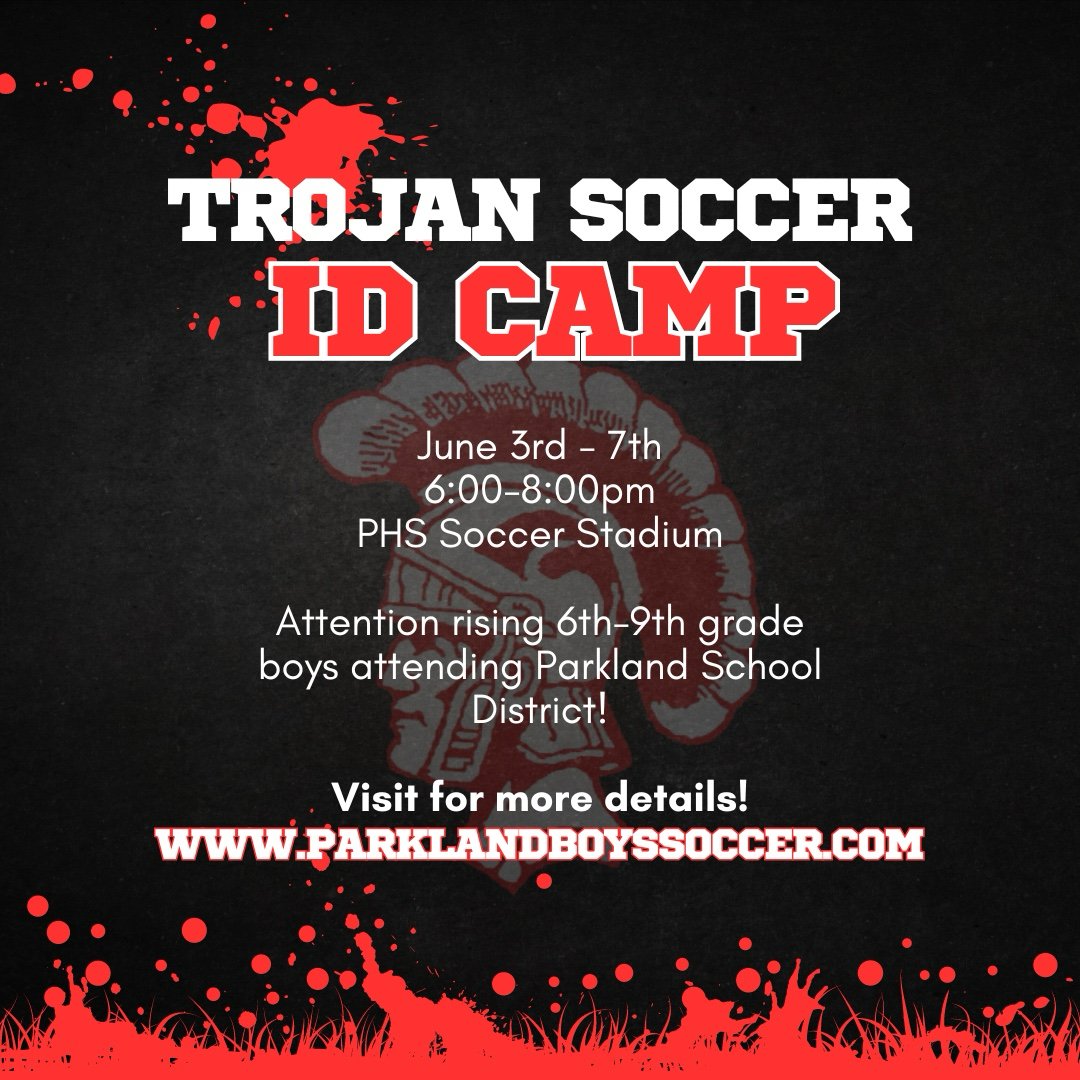 🚨Attention all rising 6th-9th graders who want to attend the Trojan Soccer ID Camp! Make sure to visit parklandboyssoccer.com and click on the banner at the top for the registration/payment information! #gotrojans