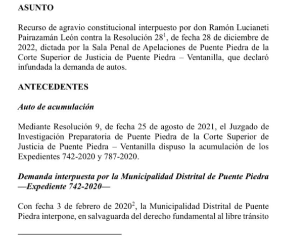 @YeniVilcatoma2 @rlopezaliaga1 Falso. El recurso fue presentado por Ramon Pairazaman y consta como antecedente lo realizado por la municipalidad de Puente Piedra por el exalcalde Rennán Espinoza Venegas.