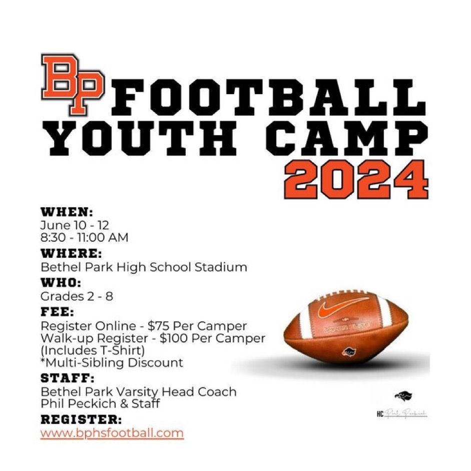 The Bethel Park Football Program is having one elite football camp June 10-12. This camp is for grades 2-8. This is a non-contact skills clinic designed to improve fundamentals led by BP Varsity Coaches. Register Here: buff.ly/424j8Bi
