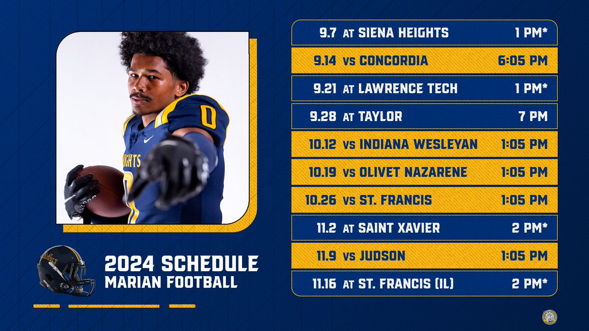 🏈SCHEDULE DROP🏈 @MarianUFootball has finalized their official schedule for the 2024 season! A 5 home and 5 road game schedule, the new members of the MSFA Midwest kickoff their season on Sept. 7 at Siena Heights, & open at home on Sept. 14 under the lights against Concordia!