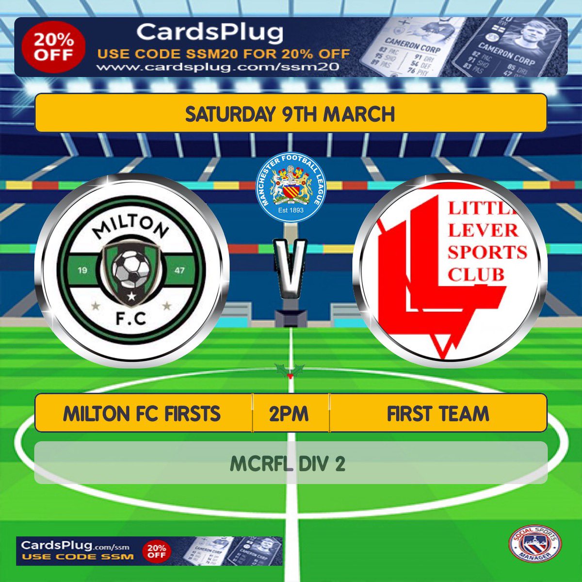 L_L_SC's tweet photo. Saturday 9th March : 

⚽️ 1st Team AWAY v @FCMilton1947 Firsts

⏰ 2pm KO  

📍Heywood Sports Village, West Starkey Street, Heywood OL10 4TW

⚽️ Reserves Team AWAY v @TottyUnited Reserves

⏰ 2pm KO

📍St Annes Field, South Road Street, Tottington BL8 3LZ

@THEMCRFL https://t.co/Qa6gVH374I