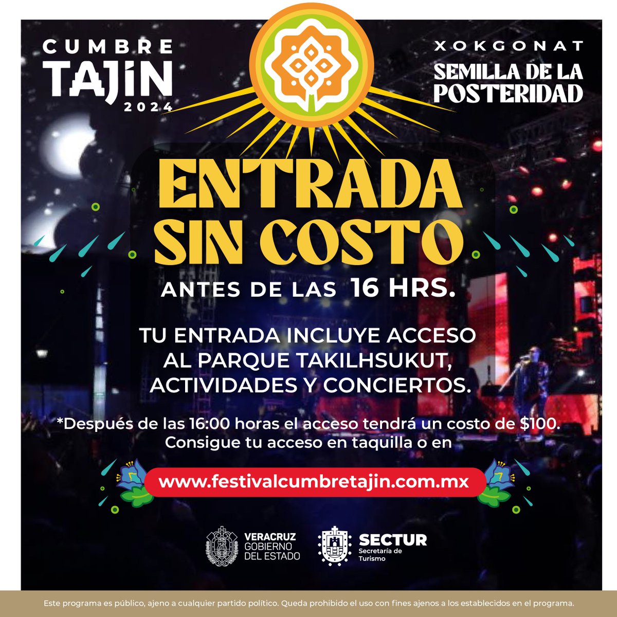 Sin pretextos, ¡el acceso a #CumbreTajín es sin costo! 🤩✨

Disfruta de las más de 1000 actividades, muestras culturales y conciertos. 🙌🏻

_
Este programa es público, ajeno a cualquier partido político. Queda prohibido el uso con fines ajenos a los establecidos en el programa.