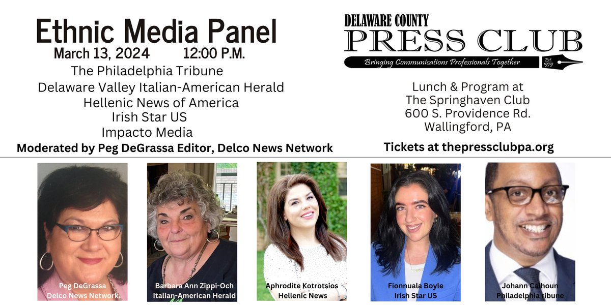 delcopressclub's tweet photo. Join us on 3/13 for lunch and a panel discussion to highlight the importance of ethnic media and the valuable resources they provide to their communities.

We have a GREAT group of journalists participating so get your tickets at https://t.co/rXl6es8jdF.

#DelcoPressClub #media https://t.co/9WlNMJRNGo