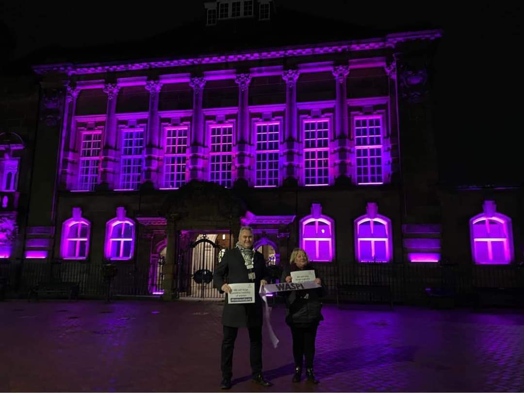 CllrDraper's tweet image. Wigan &amp;amp; Leigh Town Halls are looking impressive lit up 💜 tonight to celebrate #WID2024 &amp;amp; @WASPI_Campaign to support all of our 1950s born women 18K in the Wigan Borough 3.9M countrywide 250K lost one 1950s lady dies every 13 minutes we need Justice now 
#fairandfastcompensation