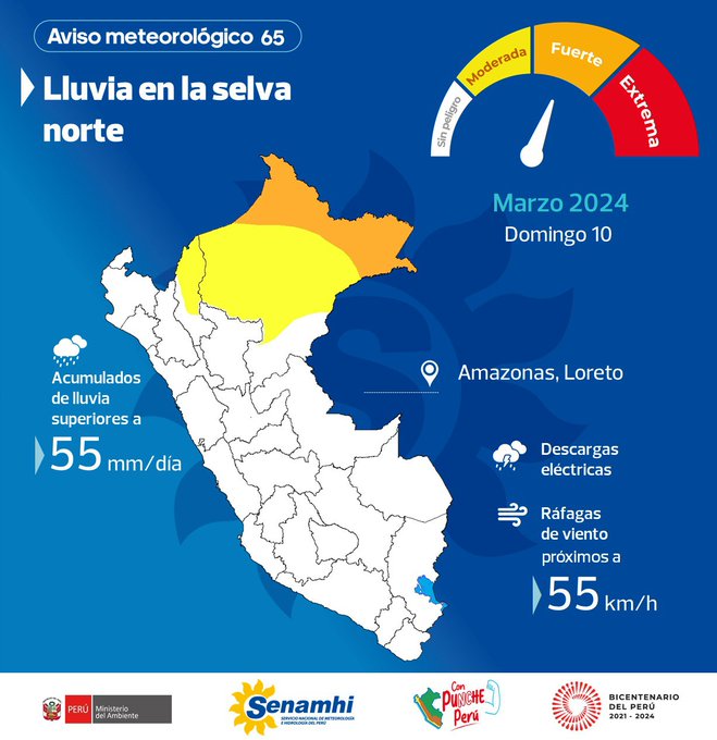 El 10 marzo se registrará lluvia de moderada intensidad en la #Selva norte.