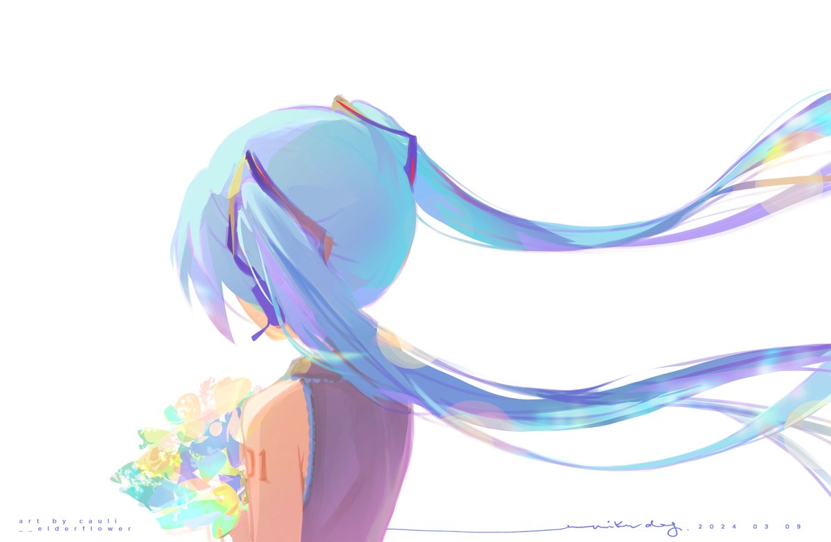 hatsune miku 1girl solo long hair twintails flower white background bouquet  illustration images