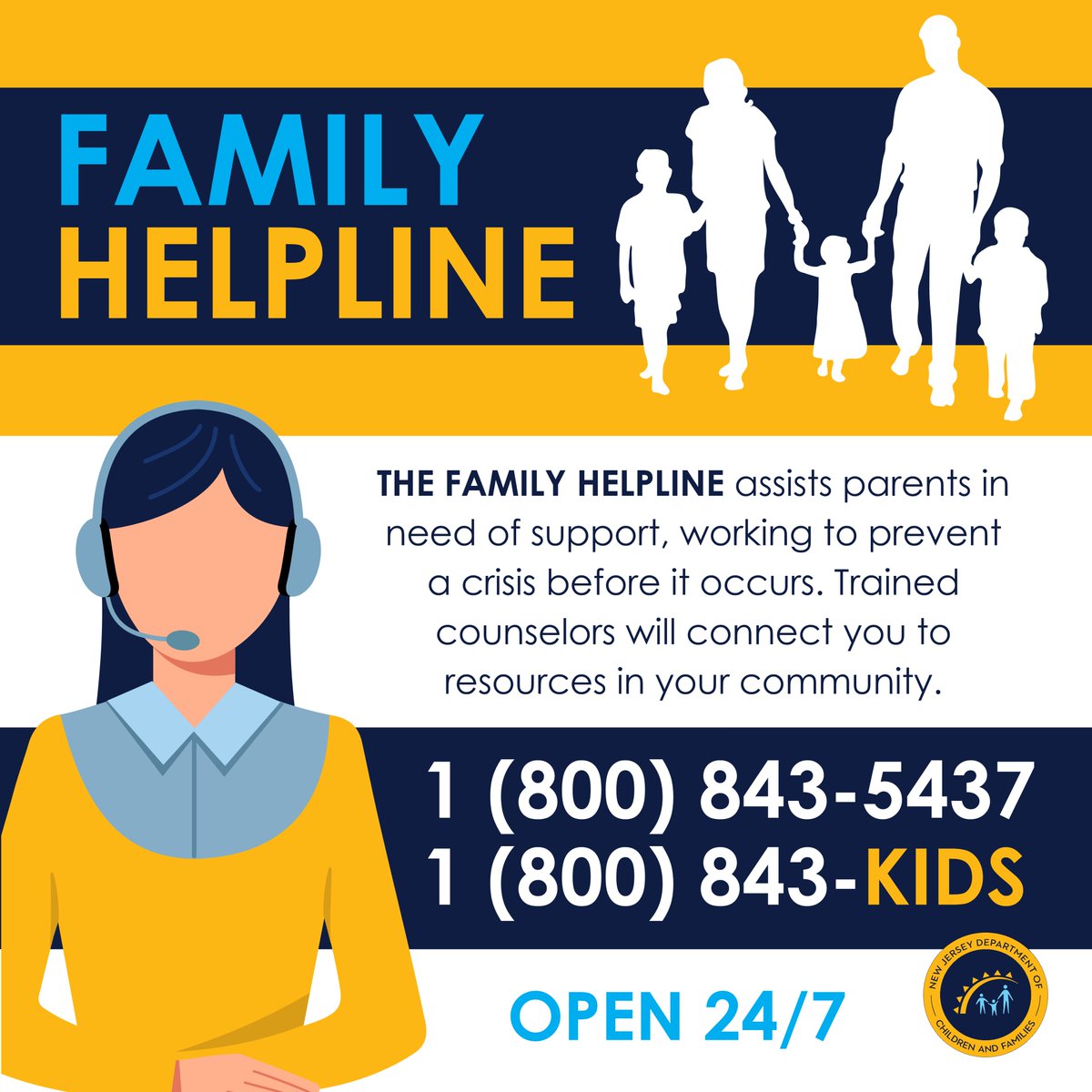 The Family Helpline is designed to help families prevent a crisis. Trained volunteers from @parentsincnj will provide a listening ear, information & can refer you to resources in your community. Call: ☎️1-800-THE-KIDS (843-5437)