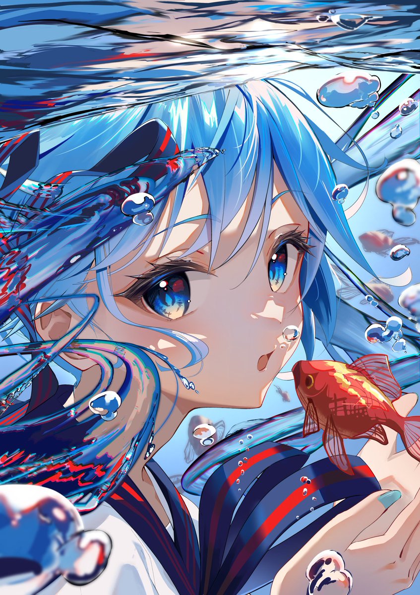 bottle miku ,hatsune miku 1girl fish blue eyes blue hair solo goldfish liquid hair  illustration images