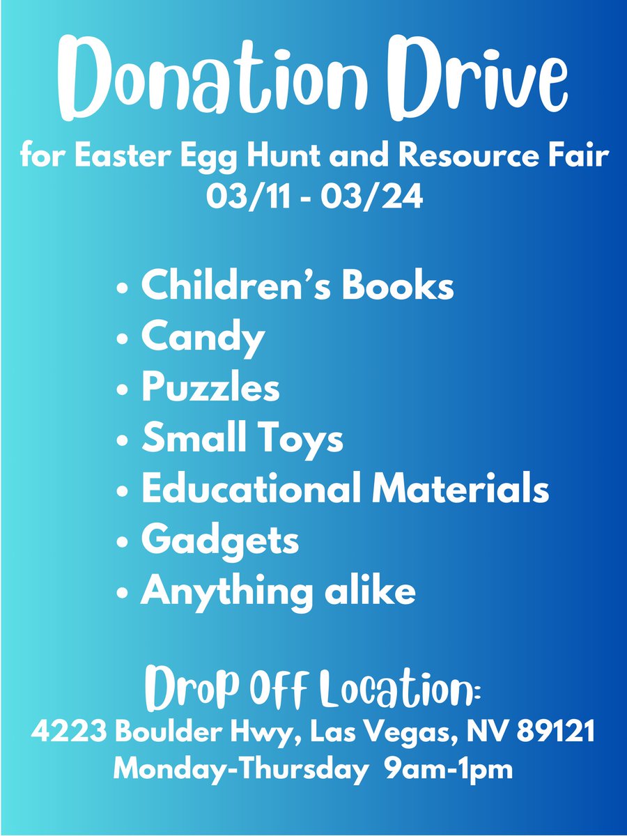 LutheranSSN's tweet photo. Help make a great event greater! Donate children’s books, candy, small toys, educational materials, and anything alike. Drop off at 4223 Boulder Hwy, Las Vegas, NV 89121 from Mondays-Thursdays 9am-1pm or contact martin@lssnv.org for more information. https://t.co/tnKXJFflcE