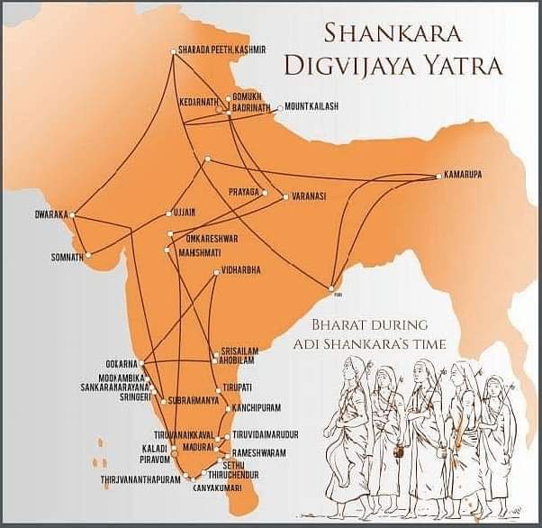 Adi Shankara revived Hinduism not only through his writings, debates and speeches, but also by establishing religious centres across India. From Kashmir to Kanyakumari and Gujarat to Assam, he walked this route - twice. All this by the age of 32.