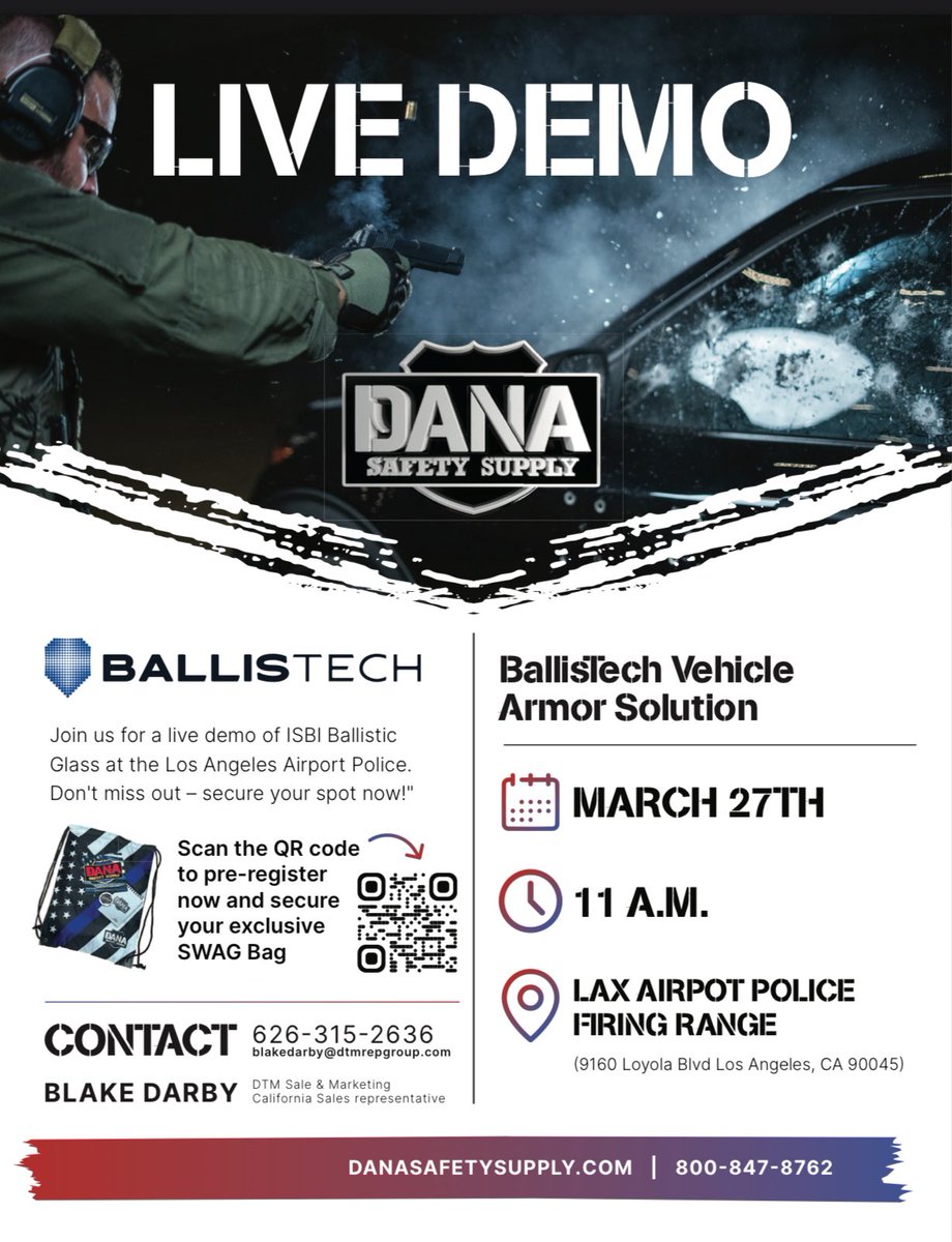 DanaSafety's tweet photo. ISBI Armor Inc. Ballistic Glass at the Los Angeles Airport Police. Don't miss out – secure your spot now! Check out the events section of the website to pre-register and secure your exclusive SWAG Bag!

Click here —> https://t.co/S0F0pcOPDB

#tactical #gear #danasafetysupply https://t.co/VaTpUrSGeL