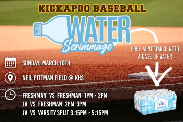Almost time for the Chiefs Baseball 2024 Season! We’ll be starting off with a water scrimmage this Sunday March 10th at the newly turfed Pittman Field. Please bring AT LEAST 1 case of water or sports drinks to enter the game. These will be used for the players this season.