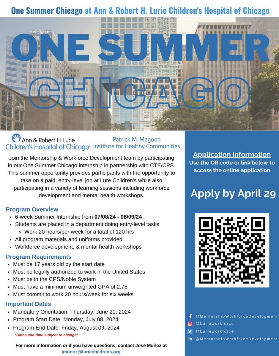 The #OneSummerChicago application is now open! Still looking for a summer internship and you are looking to work at a hospital? Look no further, apply to our #OSC program and get to work onsite at @luriechildrens for 6 weeks! Deadline is: April 29th at 11:59 PM.