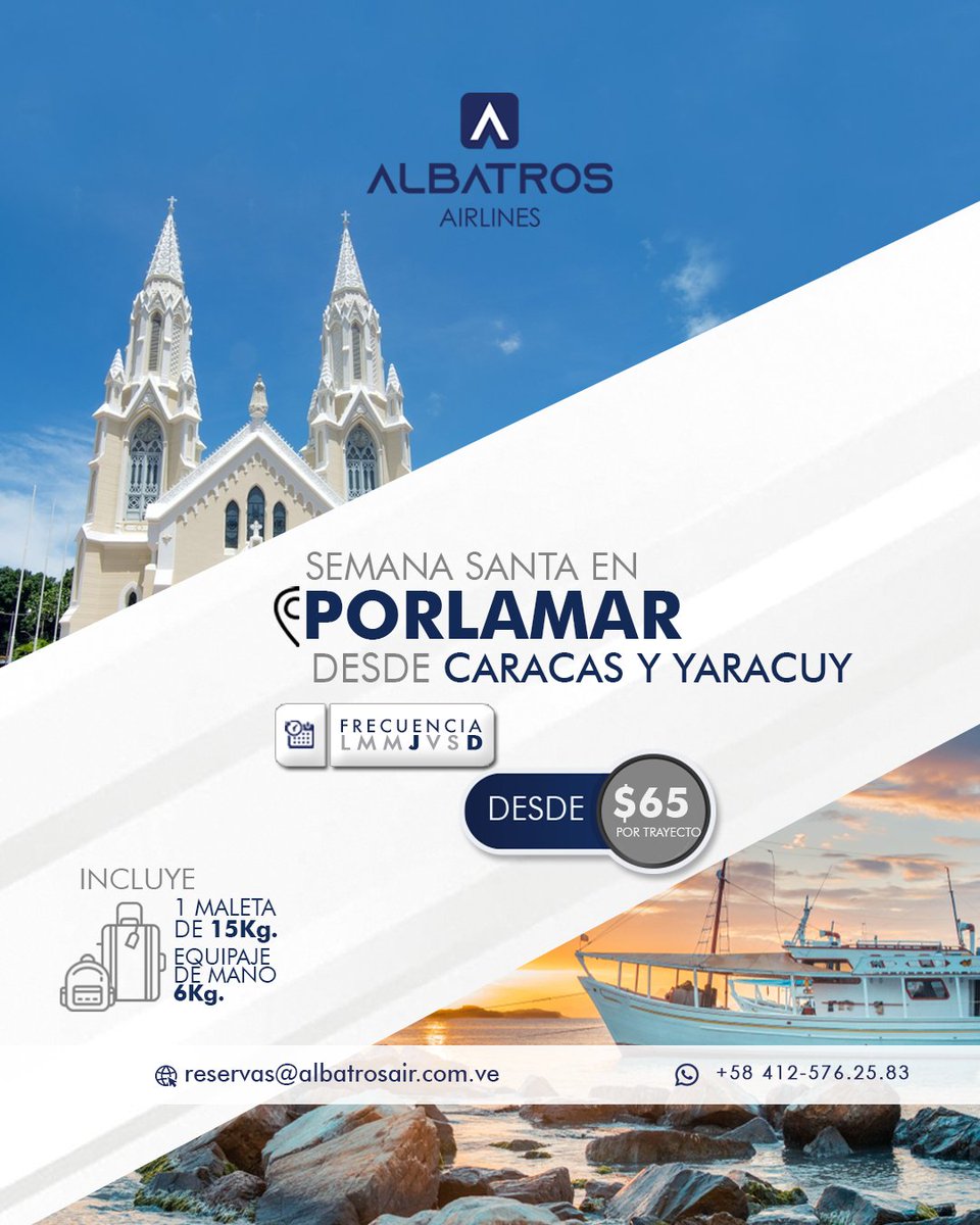 En Semana Santa te levamos volando a 📍Porlamar desde Caracas y Yaracuy los días jueves y domingo. 

Reserva y compra tu boleto a través de nuestros canales de atención: 

📱WhatsApp: +584125762583
📩Correo: reservas@albatrosair.com.ve
📍Torre Sindoni, piso 1 oficina 12. Maracay.