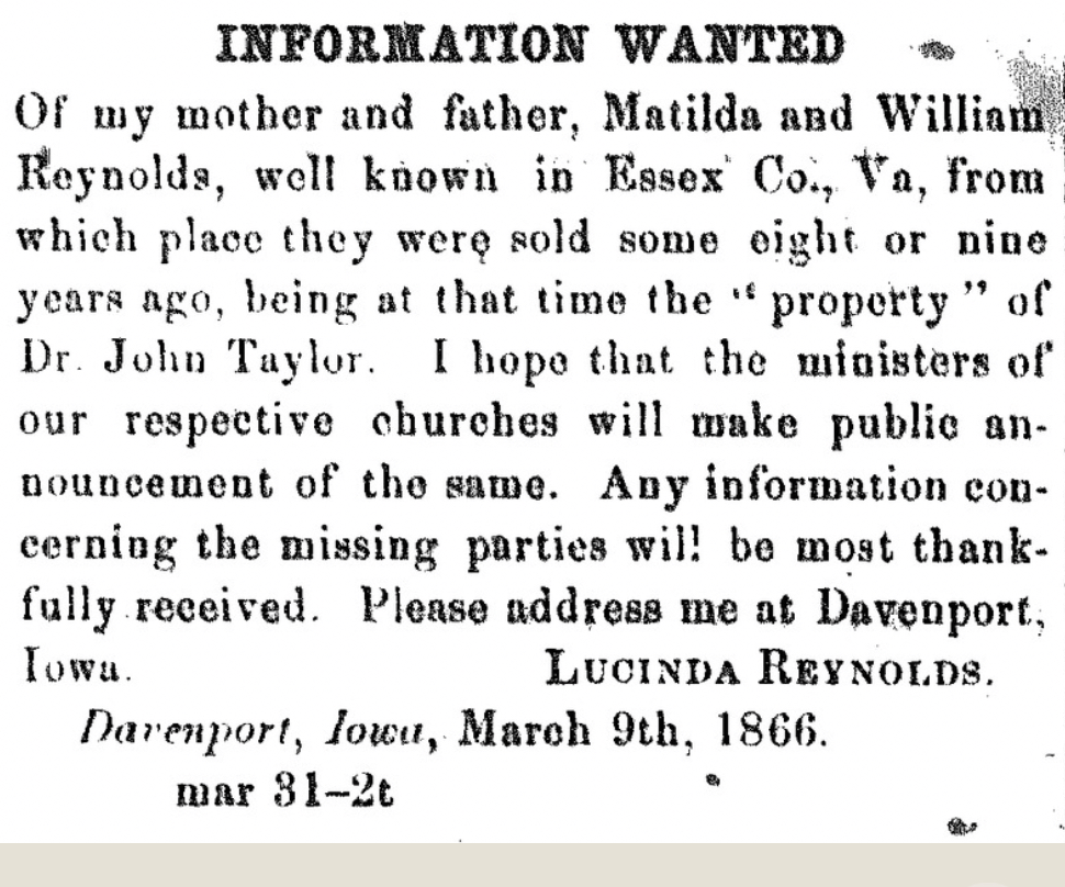 #OnThisDay in 1866, Lucinda Reynolds sought information about her mother and father, who were formerly enslaved by Dr. John Taylor. She mentions her parents are well known in Essex County, VA, so she asks local ministers to spread the message.

#lastseenproject @NHPRC