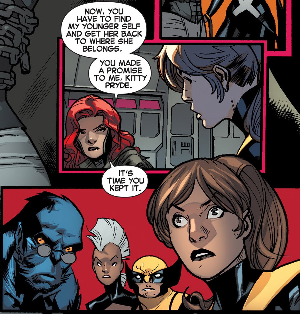 All New X-Men V1 16
#BattleOfTheAtom
2 of 10
Logan goes around, telling us who everyone is
I thought Kate was kissing Logan until I zoomed in
Jean wants to run away with Hank, but he wants to see it play out, so she runs off with Scott
Rachel confronts Xorn, and its Jean!
what?!