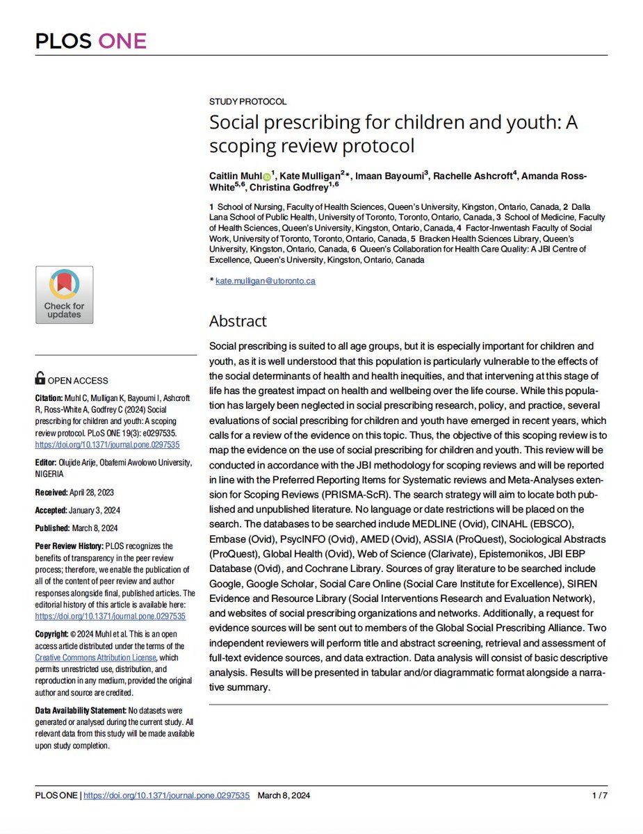 Caitlin Muhl, MPH, PhD (@caitlinmuhl) on Twitter photo The protocol for the final phase of my thesis has been published! 🥳
Social prescribing for children and youth: A scoping review protocol
doi.org/10.1371/journa…
@KateMMulligan <a href="/ibayoumi/">Imaan Bayoumi</a> <a href="/rrashcroft/">Rachelle Ashcroft</a> <a href="/AmandaRossWhite/">Amanda Ross-White</a> <a href="/QueensuHQ/">Queen's Health Quality Programs</a>
<a href="/CISP_ICPS/">CISP_ICPS</a> <a href="/NASPTweets/">The National Academy for Social Prescribing</a> <a href="/SPYN_UK/">Social Prescribing Youth Network</a> <a href="/SocialPrescrib2/">Social Prescribing Network</a> The protocol for the final phase of my thesis has been published! 🥳
Social prescribing for children and youth: A scoping review protocol
doi.org/10.1371/journa…
@KateMMulligan <a href="/ibayoumi/">Imaan Bayoumi</a> <a href="/rrashcroft/">Rachelle Ashcroft</a> <a href="/AmandaRossWhite/">Amanda Ross-White</a> <a href="/QueensuHQ/">Queen's Health Quality Programs</a>
<a href="/CISP_ICPS/">CISP_ICPS</a> <a href="/NASPTweets/">The National Academy for Social Prescribing</a> <a href="/SPYN_UK/">Social Prescribing Youth Network</a> <a href="/SocialPrescrib2/">Social Prescribing Network</a>