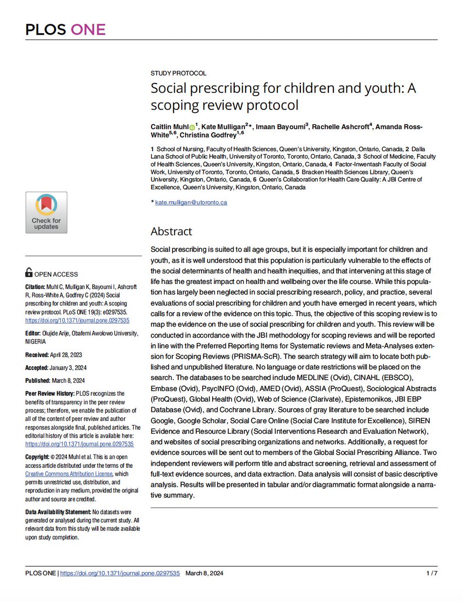 The protocol for the final phase of my thesis has been published! 🥳 Social prescribing for children and youth: A scoping review protocol doi.org/10.1371/journa… @KateMMulligan @ibayoumi @rrashcroft @AmandaRossWhite @QueensuHQ @CISP_ICPS @NASPTweets @SPYN_UK @SocialPrescrib2