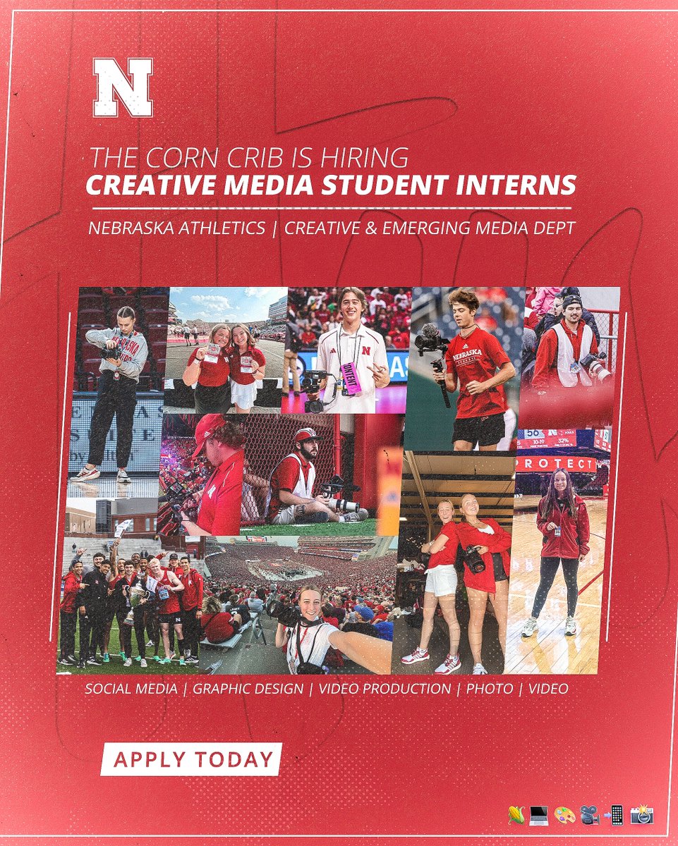 calling all UNL creative students. the team behind @huskers social media, graphics, videos, photos & more is now hiring student interns. apply to join the Corn Crib today 🌽🎨🎥📲📸 » go.unl.edu/6icg