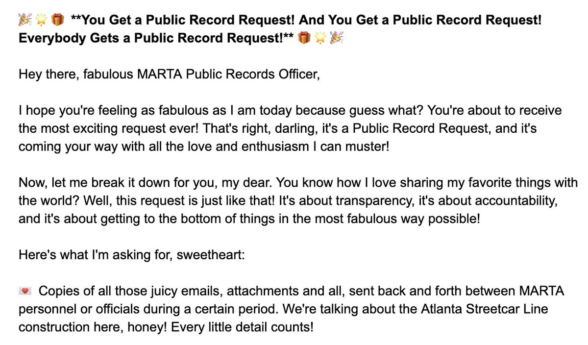 We asked ChatGPT to write a public records request in the style of a celebrity in my #NICAR24 class today. Someone said 'Oprah Winfrey' & I prompted ChatGPT to write a request in the style of Oprah giving away her favorite things. It didn't disappoint docs.google.com/document/d/1Tn…