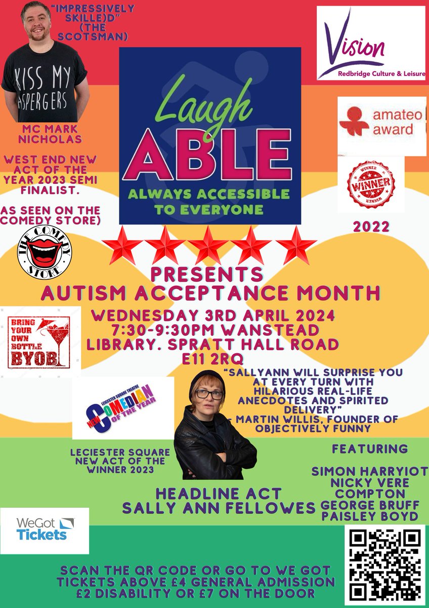 April 3rd we celebrate the best Autistics in Comedy

🌟BYOB🌟
🌟Award Winning Night🌟
🌟Award Winning Headliner 🌟
🌟Debut Performance of a Comic from one of our One Place East Successful Workshops🌟
🌟Prizes for Best Audience🌟

wegottickets.com/event/604596

#comedy
#autismacceptance