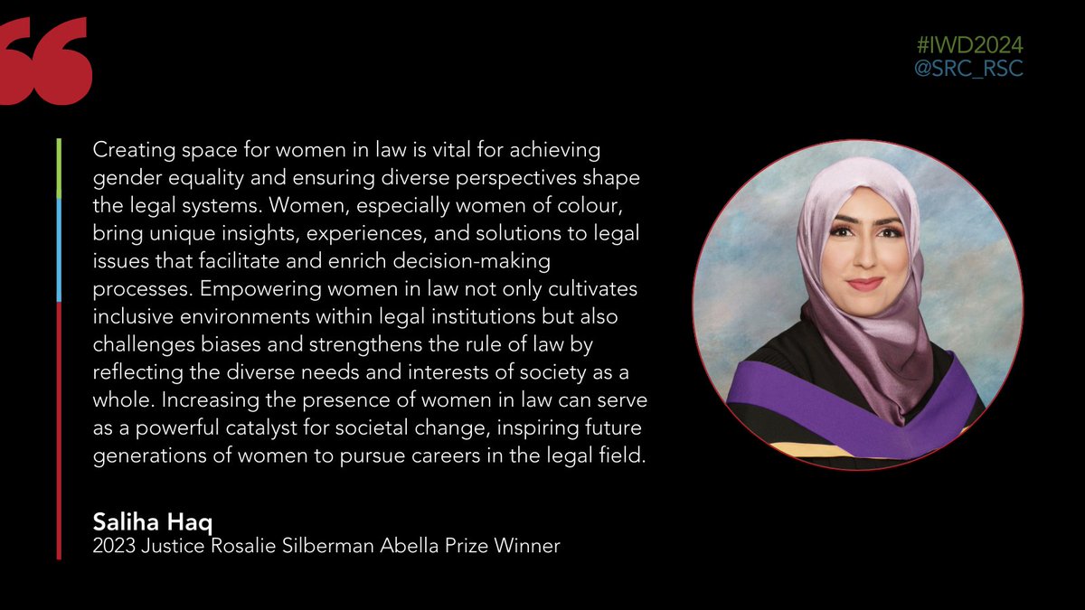 Saliha Haq (<a href="/HaqSaliha/">Saliha Haq</a>), 2023 Justice Rosalie Silberman Abella Prize Winner, led a range of EDI initiatives while at <a href="/UCalgary/">U Calgary</a>, including establishing the AMANAH Scholarship in Law for marginalized law students. Now, she is articling at <a href="/Osler_Law/">Osler, Hoskin & Harcourt LLP</a> in Calgary. #IWD2024