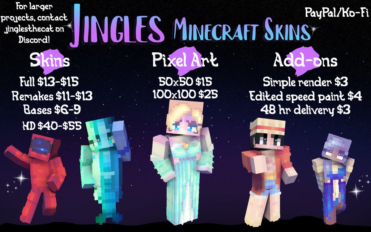 xJinglesTheCat's tweet photo. 🌟MINECRAFT SKIN COMMISSIONS OPEN!🌟
➡️Hi all! I'm a mc skin artist who's been at this for 3.5 years! I publish to the marketplace, work with YouTubers, and take independent projects!
➡️Socials + portfolio: https://t.co/3WA32xgG9E
➡️DM or contact me via discord at jinglesthecat! https://t.co/6048AvSwhL