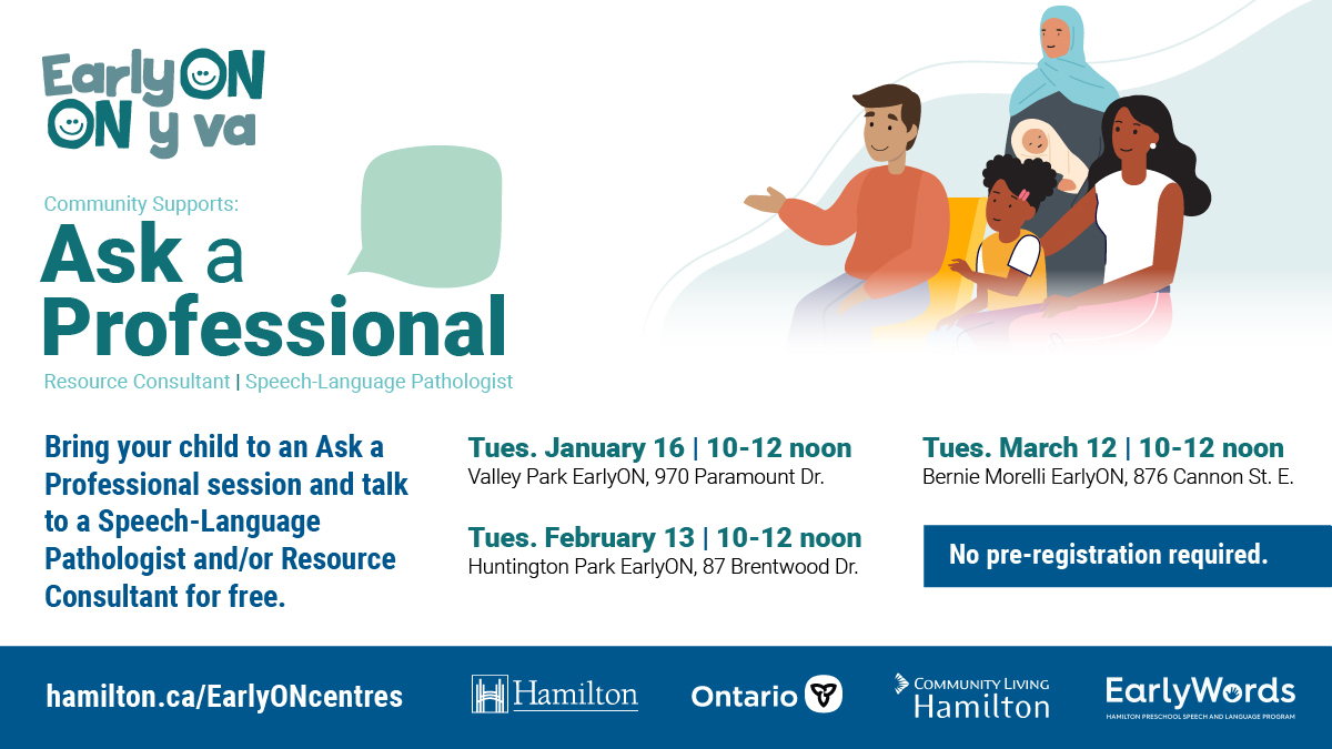 Would you like to speak with a professional resource consultant or speech-language patholigist for FREE?

Come to the Bernie Morelli EarlyON Centre on Tuesday between 10am-12pm🥰