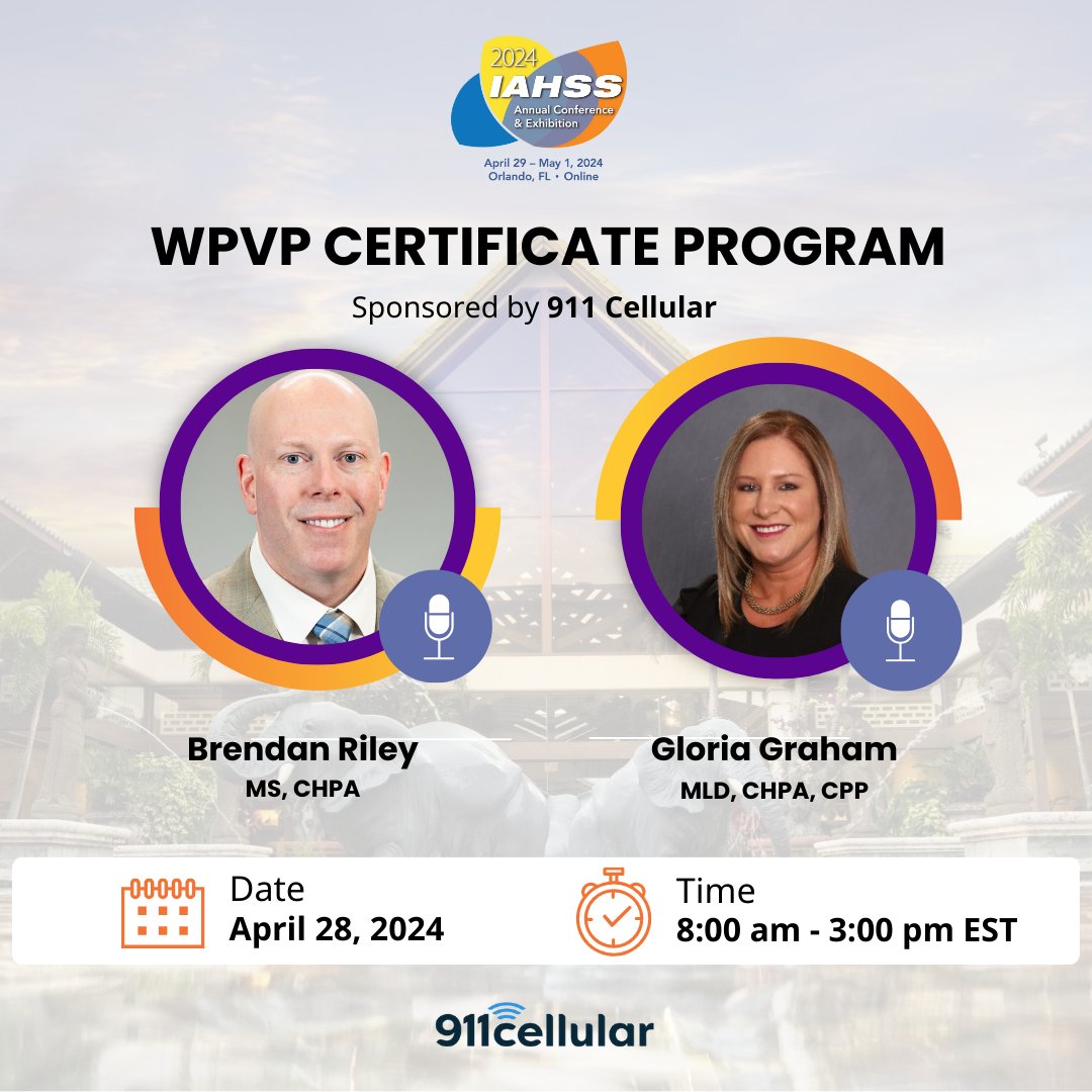 Register for the 2024 Pre Conference Workplace Violence Prevention Certificate Program (In Person Only), Sponsored by @911Cellular. Presenters are Brendan Riley, MS, CHPA and Gloria Graham MLD, CHPA, CPP, ▶️ buff.ly/3IrOWr4