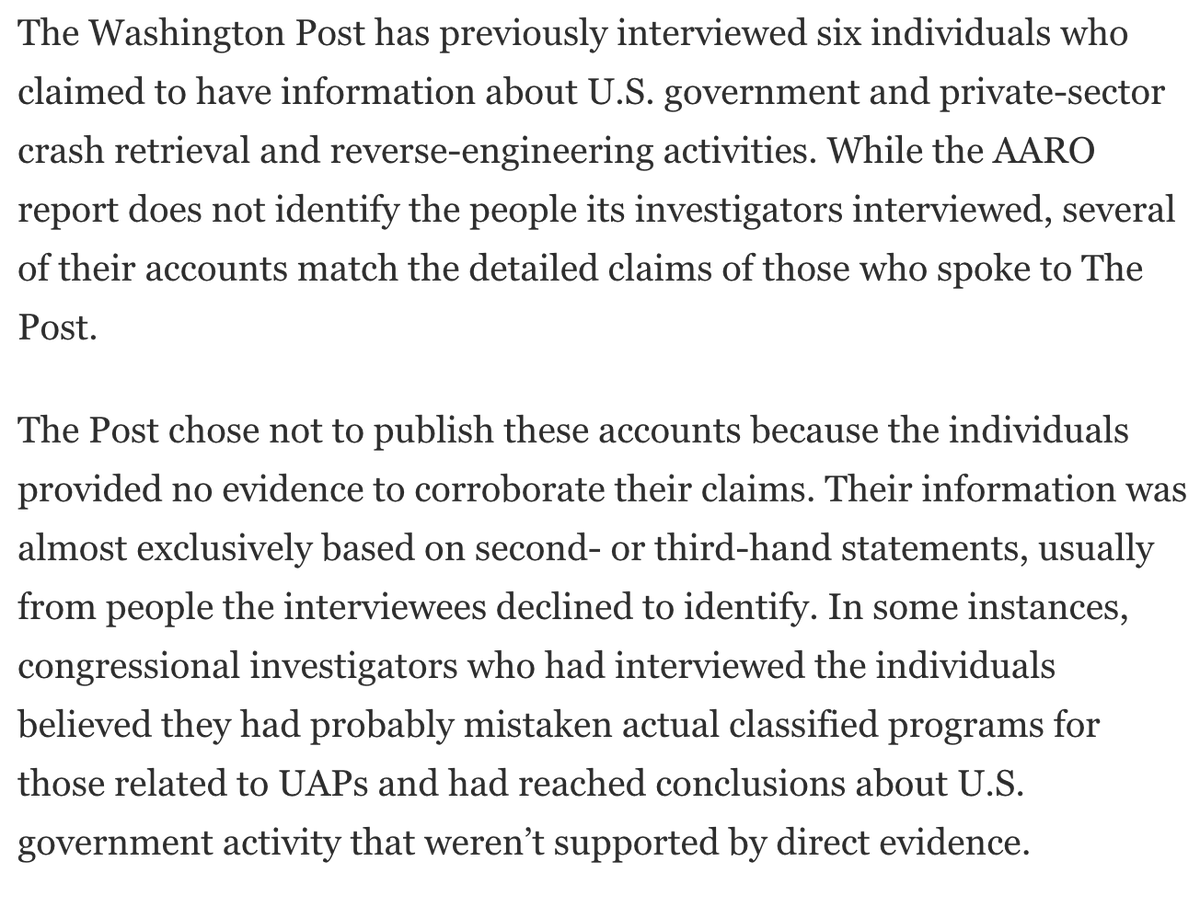 Some of you have asked about remarks I made recently on a panel, that I had spoken to six people who claimed knowledge of UAP crash retrievals. We didn't publish a story about that. In our report today, I explain why. In good faith, I'll offer some elaboration.