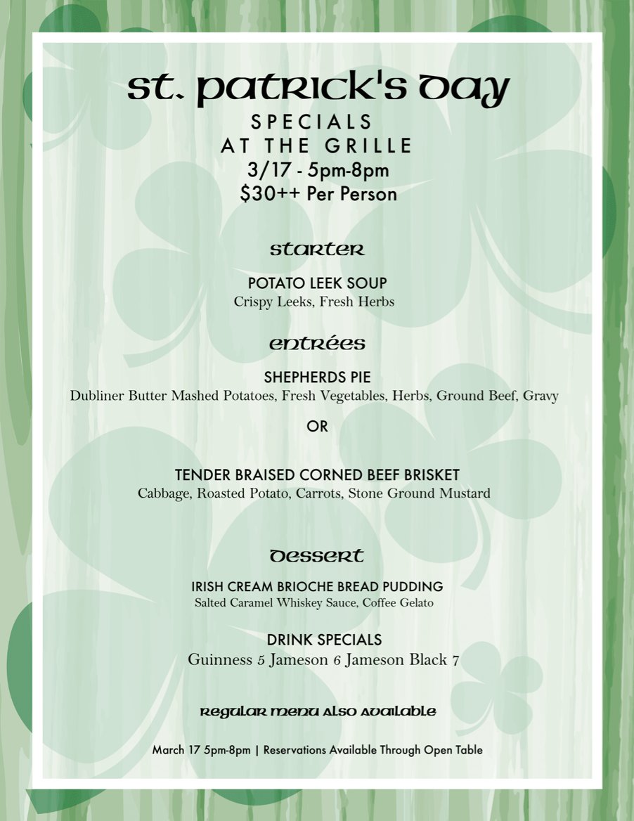 🍀 Saint Patrick's Day Dinner 🍀 Join us at the Grille at Somersett for a delicious Irish Menu prepared by Chef Andrew on Sunday, March 17th from 5pm - 8pm. Reservations are recommended by calling 775-787-1800 ext. 3 or on Open Table by clicking here bit.ly/TheGrilleReser…